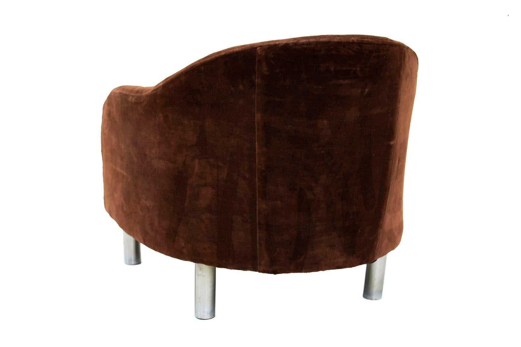 Velvety Brown Barrel Chair by Selig With Cylindrical Legs 5