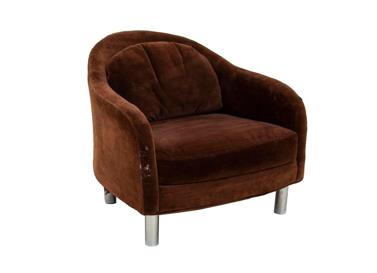 American Velvety Brown Barrel Chair by Selig With Cylindrical Legs