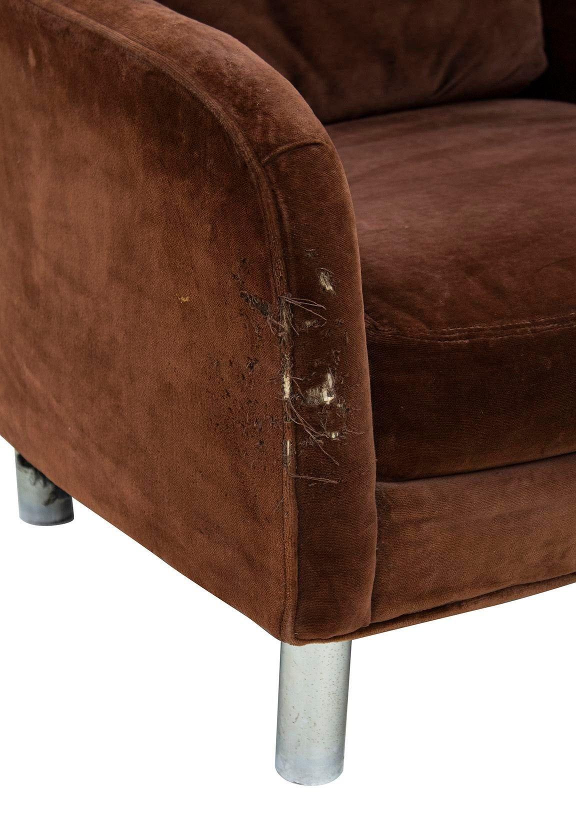 Velvety Brown Barrel Chair by Selig With Cylindrical Legs In Distressed Condition In Grand Rapids, MI