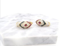 Velvety Ruby Sapphire Diamond Cascading Squares Huggie Earrings in 18 Karat Gold