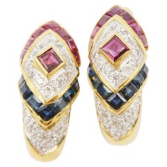 Velvety Ruby Sapphire Diamond Cascading Squares Huggie Earrings in 18 Karat Gold