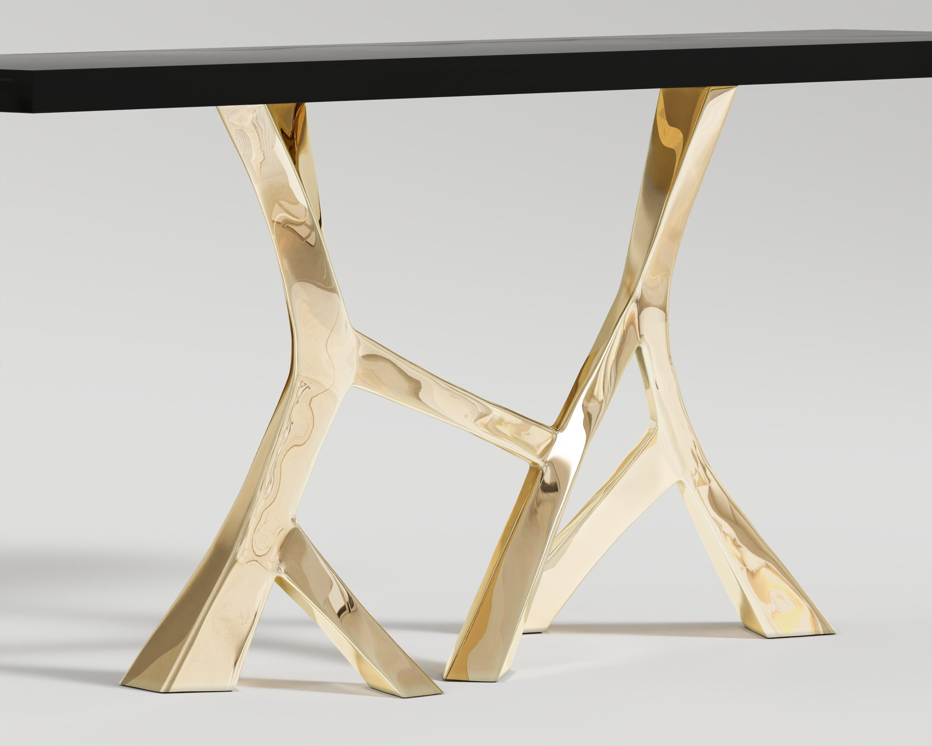 Blackened Vena Console Table in polished bronze and black lacquer tabletop  For Sale