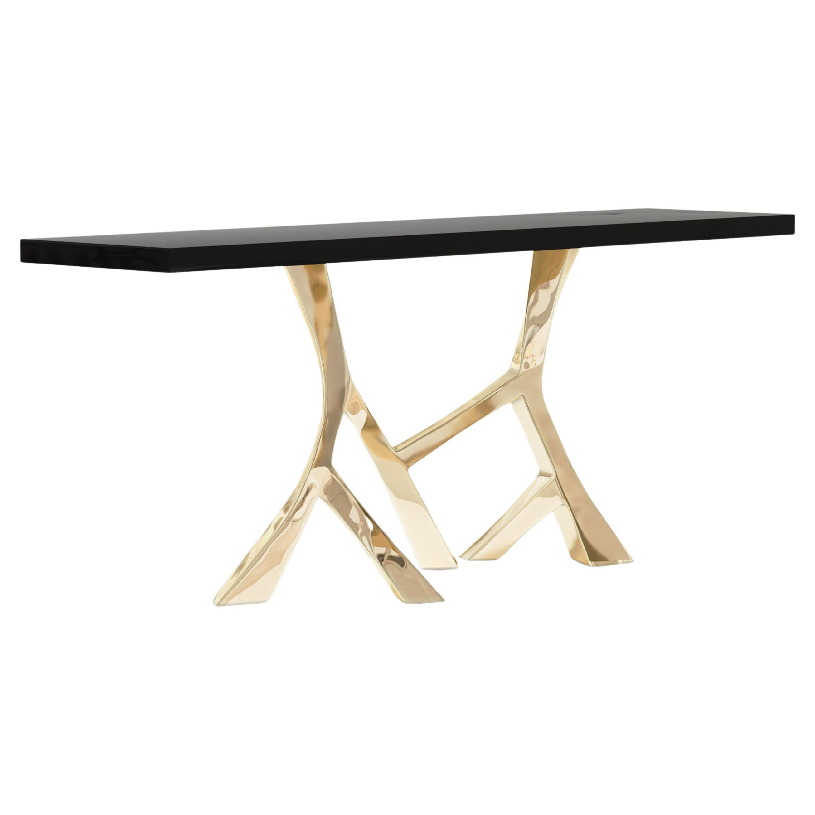 Vena Console Table in polished bronze and black lacquer tabletop 