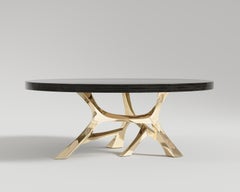Vena Round Dining Table Polished Bronze and Black Lacquer Tabletop by Palena