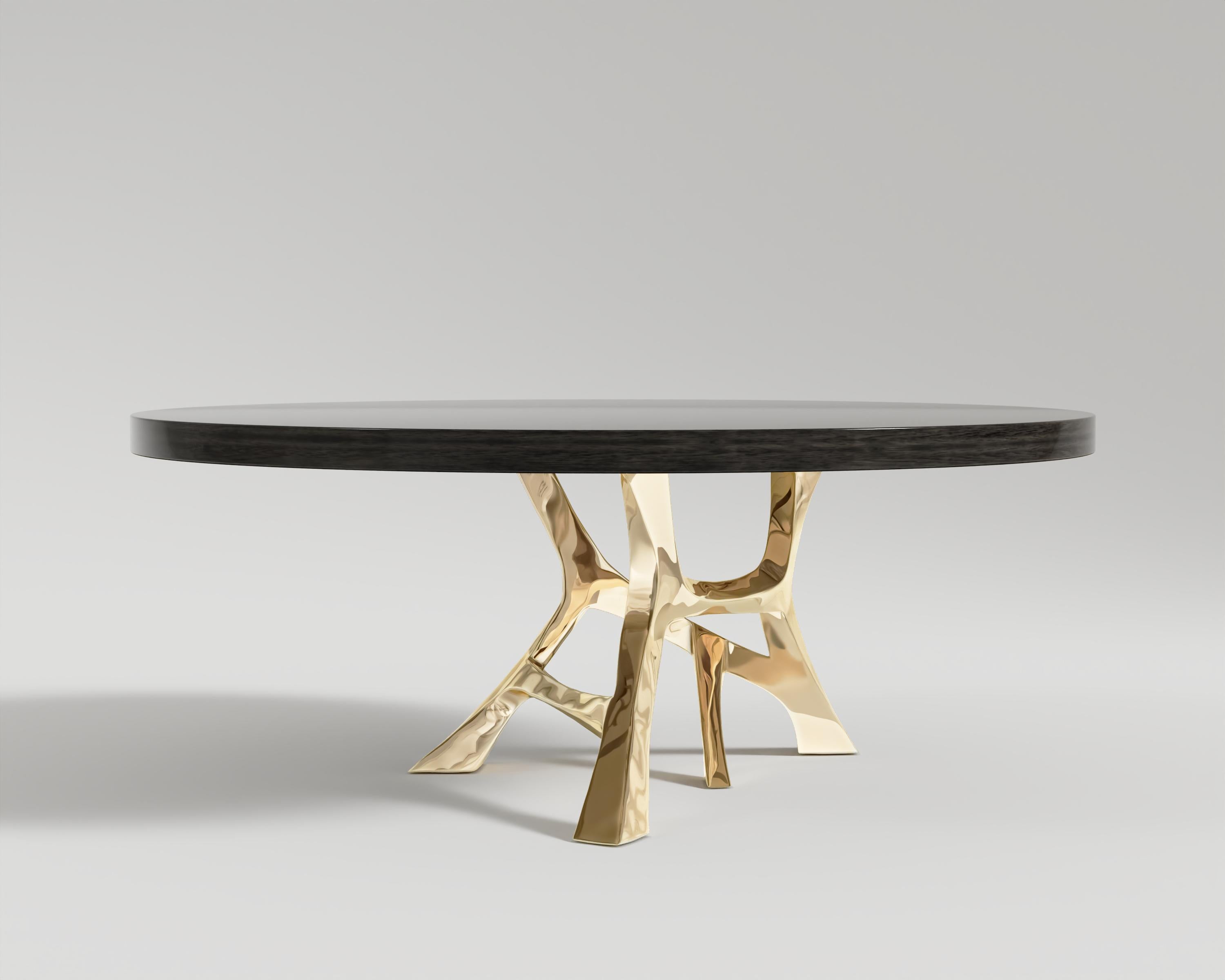 Turkish Vena Round Dining Table Polished Bronze and Black Lacquer Tabletop by Palena For Sale