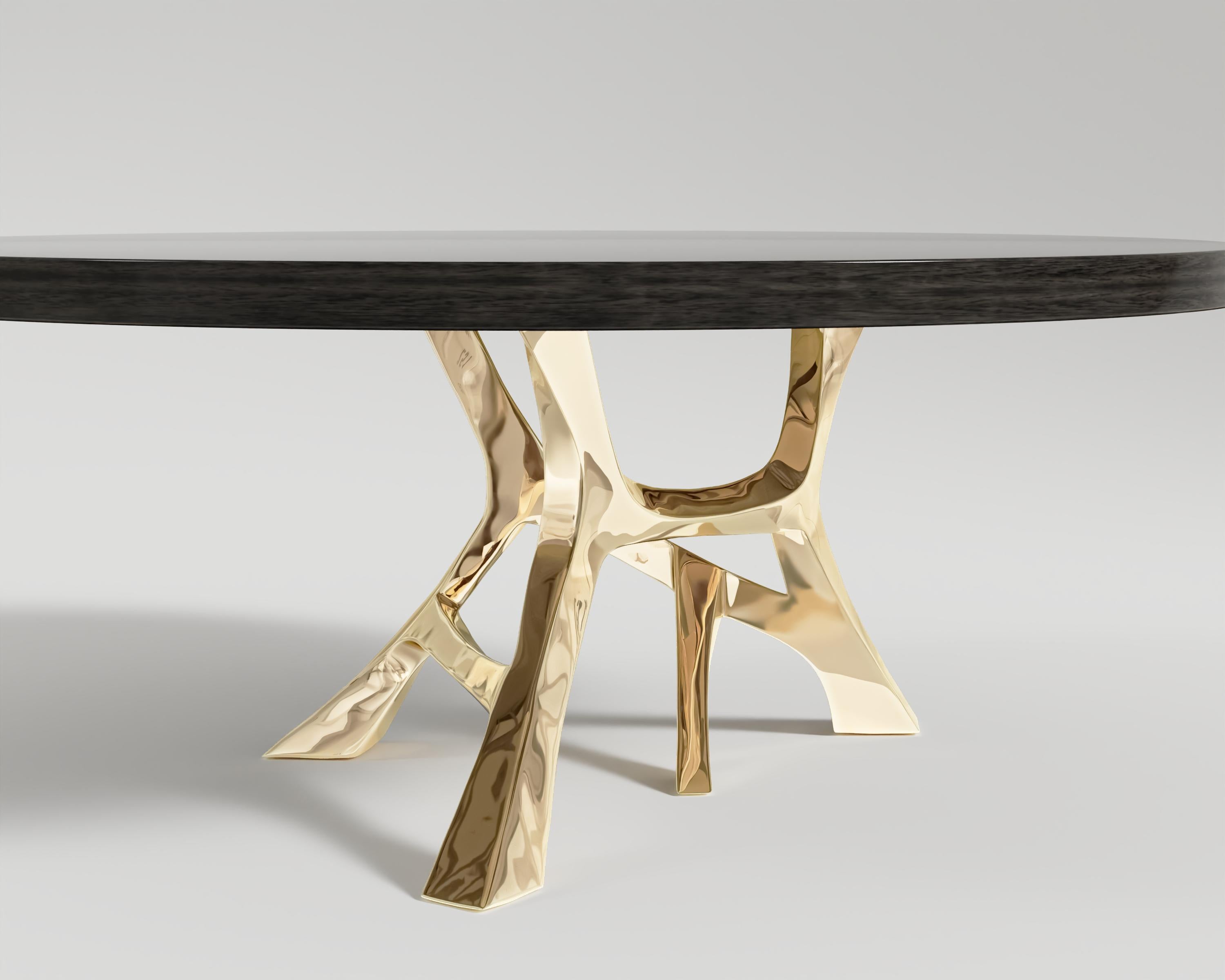 Brushed Vena Round Dining Table Polished Bronze and Black Lacquer Tabletop by Palena For Sale