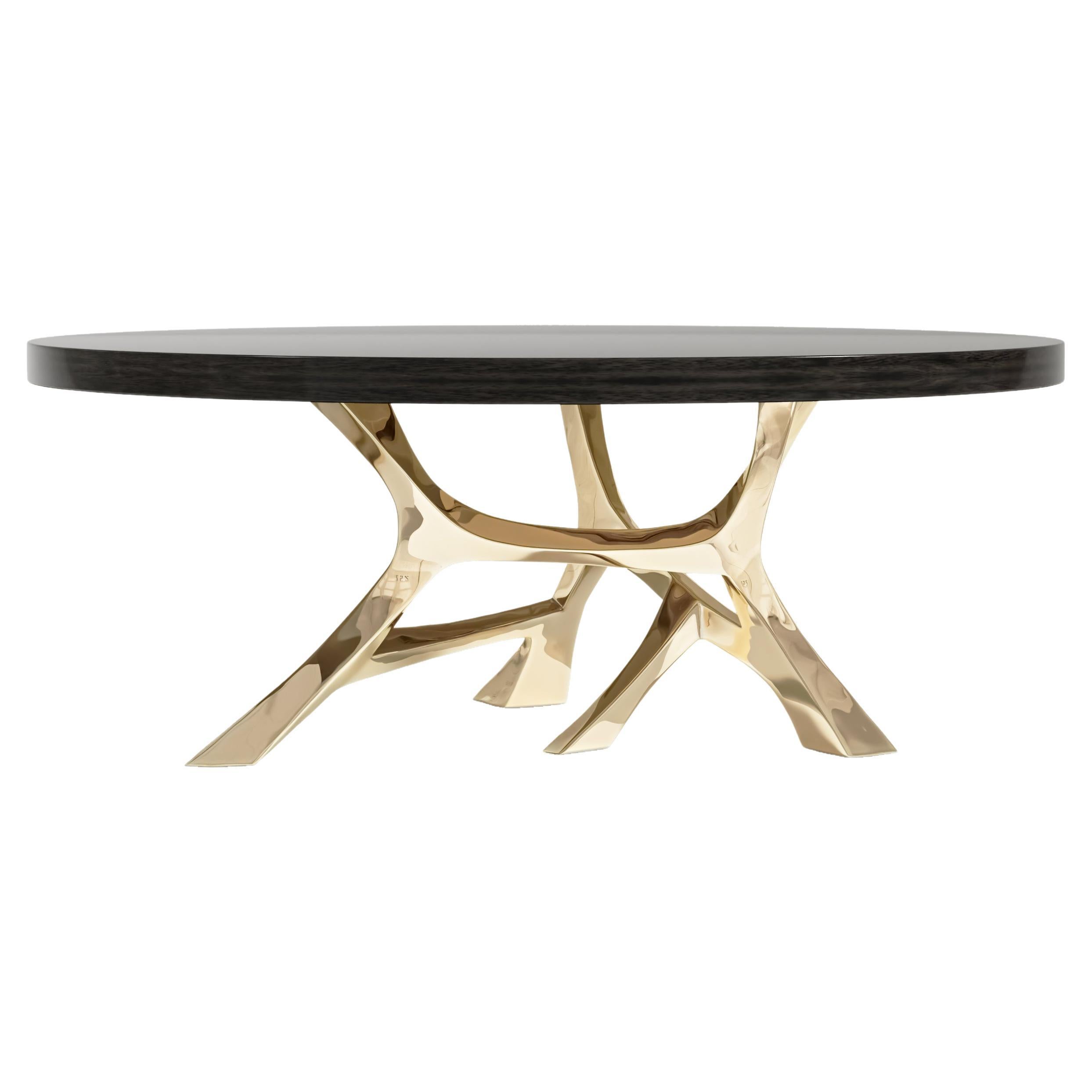 Vena Round Dining Table Polished Bronze and Black Lacquer Tabletop by Palena For Sale