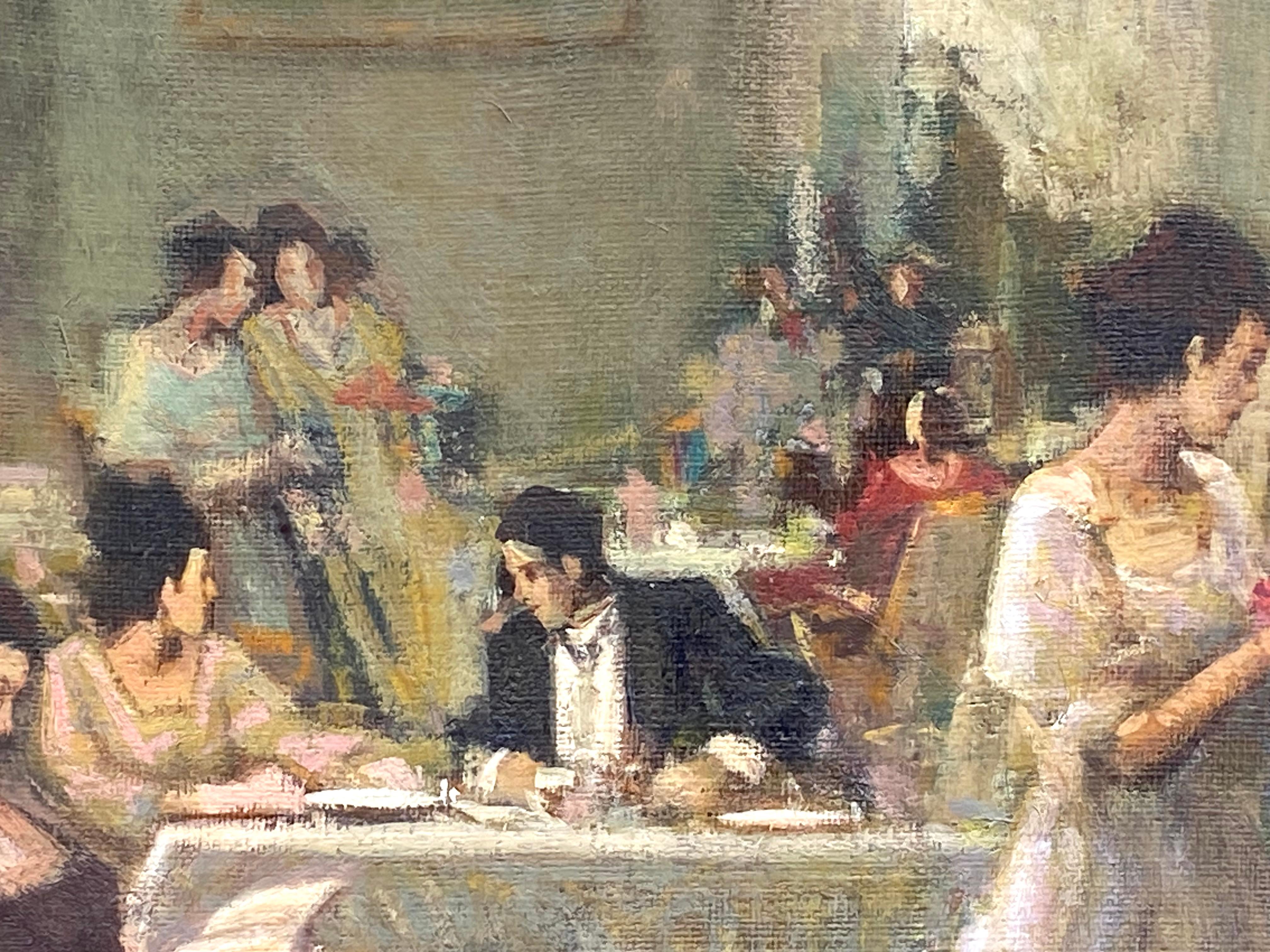 Pintura original al óleo sobre lienzo de una fastuosa escena de una cena en el interior de Venancio Zolla.  Firmado abajo a la derecha.  El estado es excelente.  Etiqueta con bibliografía impresa en el reverso del marco. Marco original de pan de oro