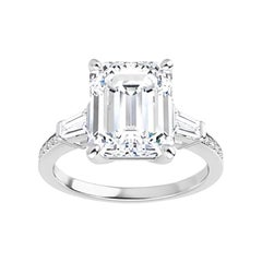 Venazia Design, 3.95 Ct Moissanite Emerald Forever One Baguette Engagement Ring