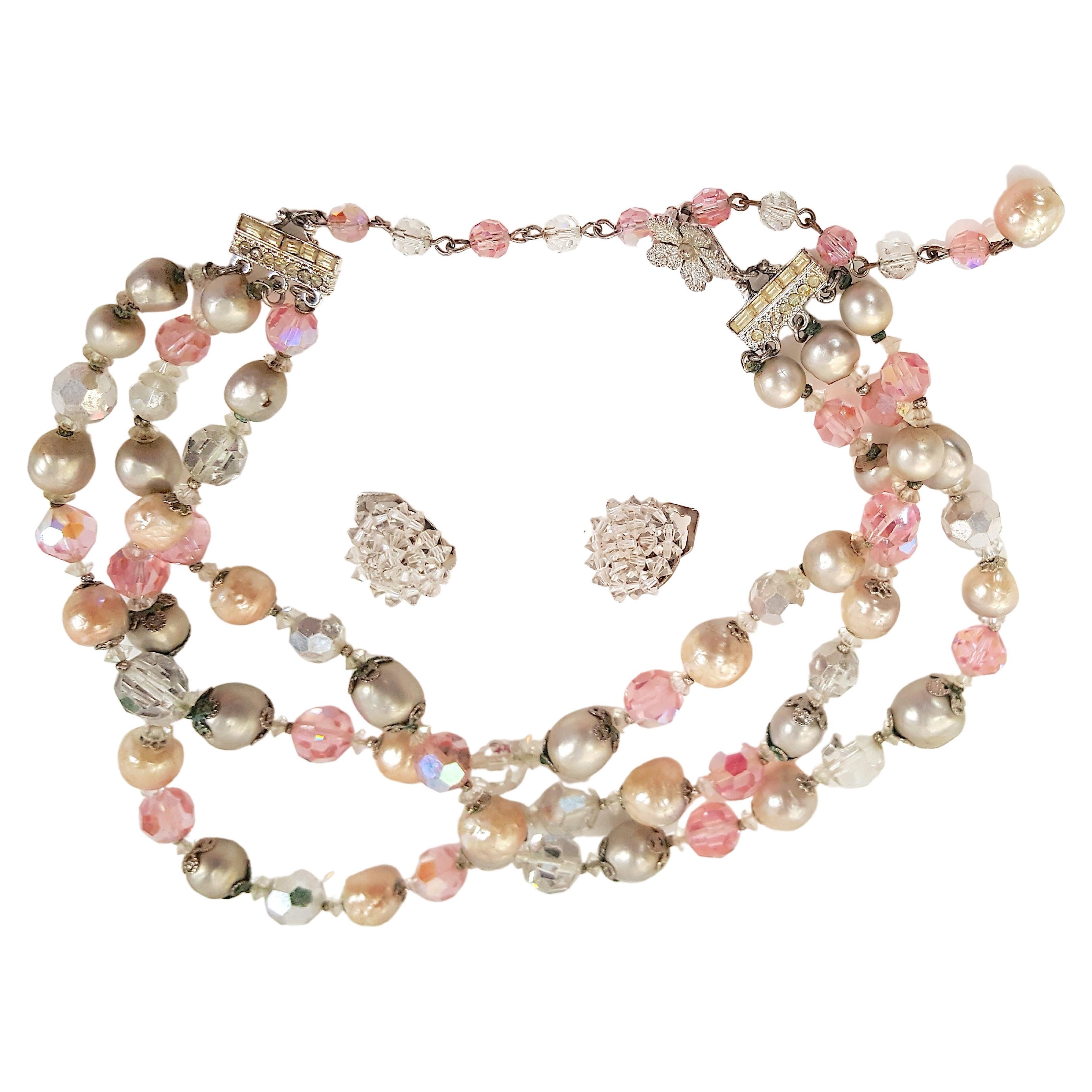 Vendome 1948-55 Crystal Beaded Set Earrings & 3Strand Capped Faux Pearl Necklace For Sale