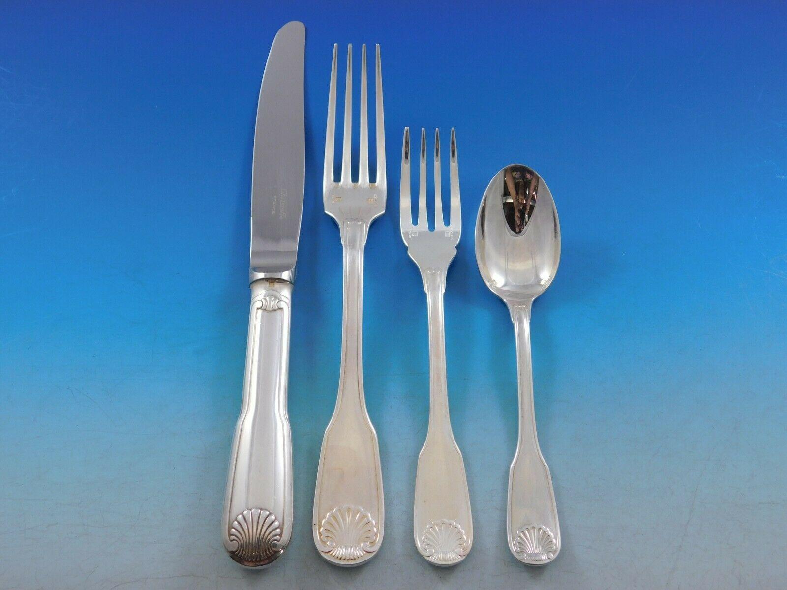 Outstanding dinner size Vendome Arcantia by Christofle France Silverplated flatware set, 147 pieces. This pattern featured the same shell motif that adorned the ceremonial silverware used during the reign of King Louis XIV. This set includes:

12