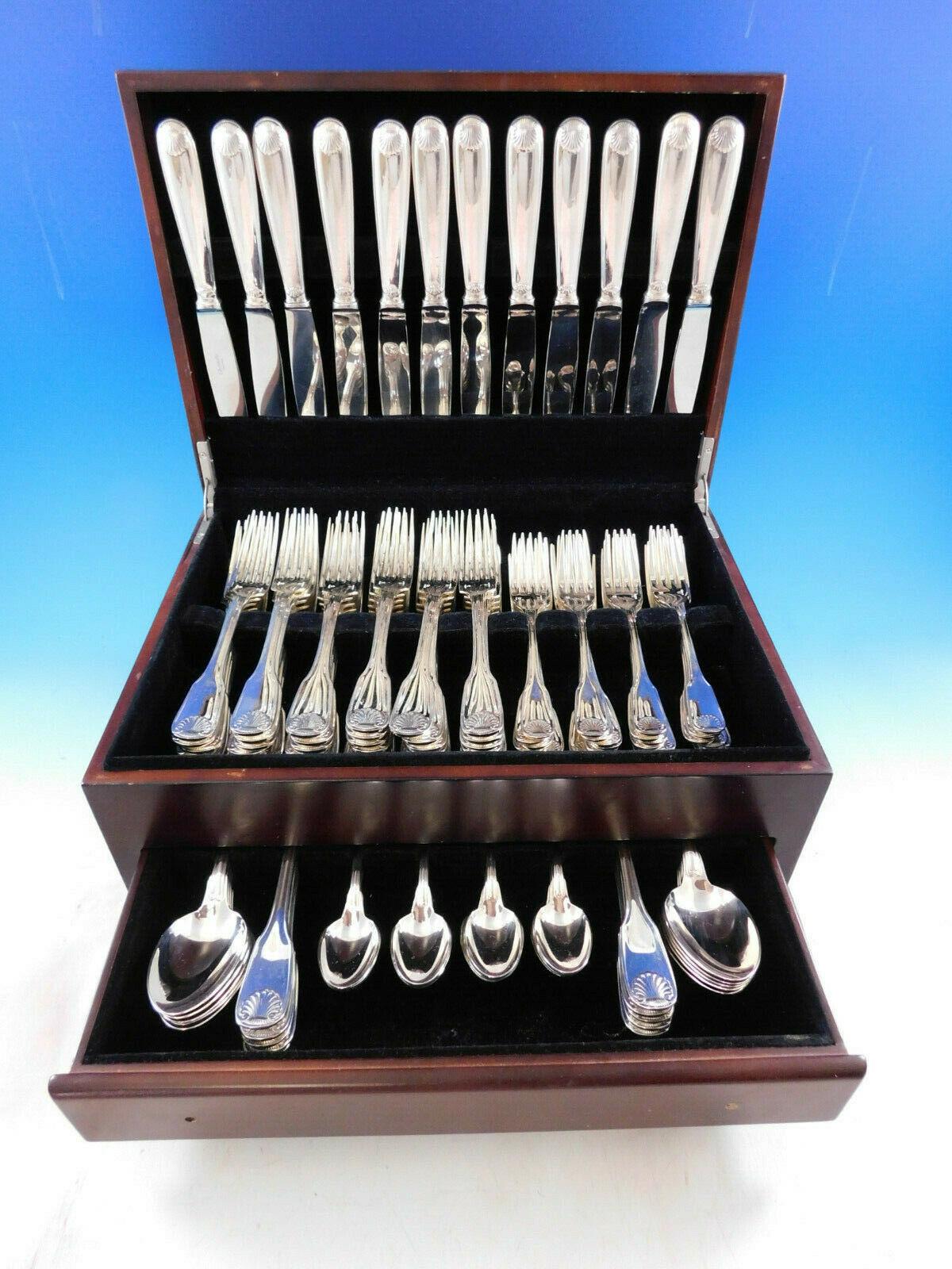 Dinner Size Vendome Arcantia by Christofle France Silverplated flatware set, 144 pieces. This pattern featured the same shell motif that adorned the ceremonial silverware used during the reign of King Louis XIV. This set includes:

24 Dinner Size