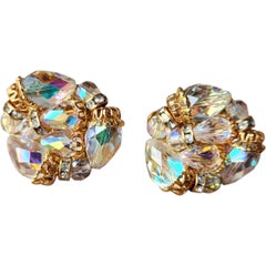 Vendôme Aurora Borealis Crystal Cluster Earrings Signed Mid-Century Couture