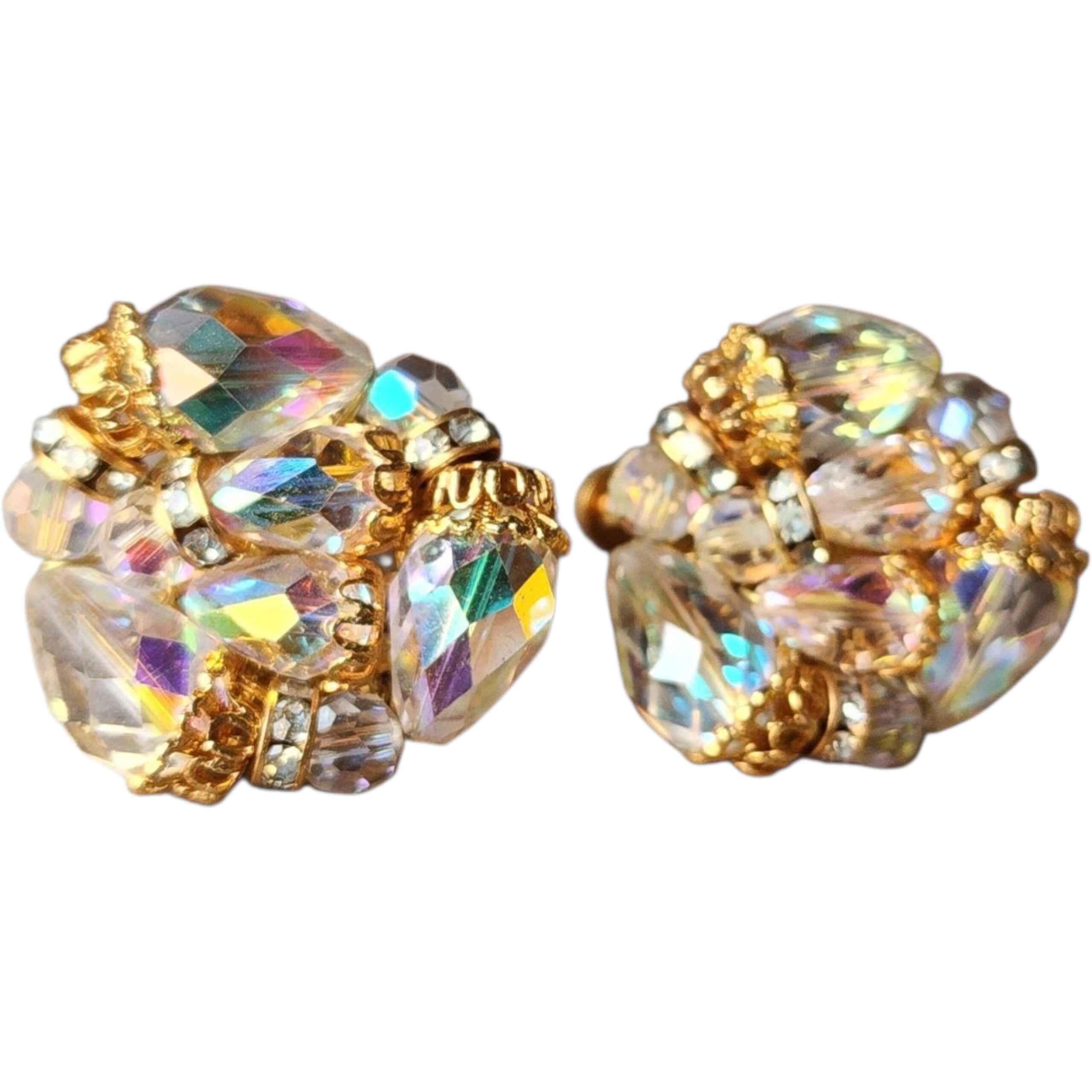 Rétro Vendôme Boucles d'oreilles en cristal Aurora Borealis Signé Mid-Century Couture en vente