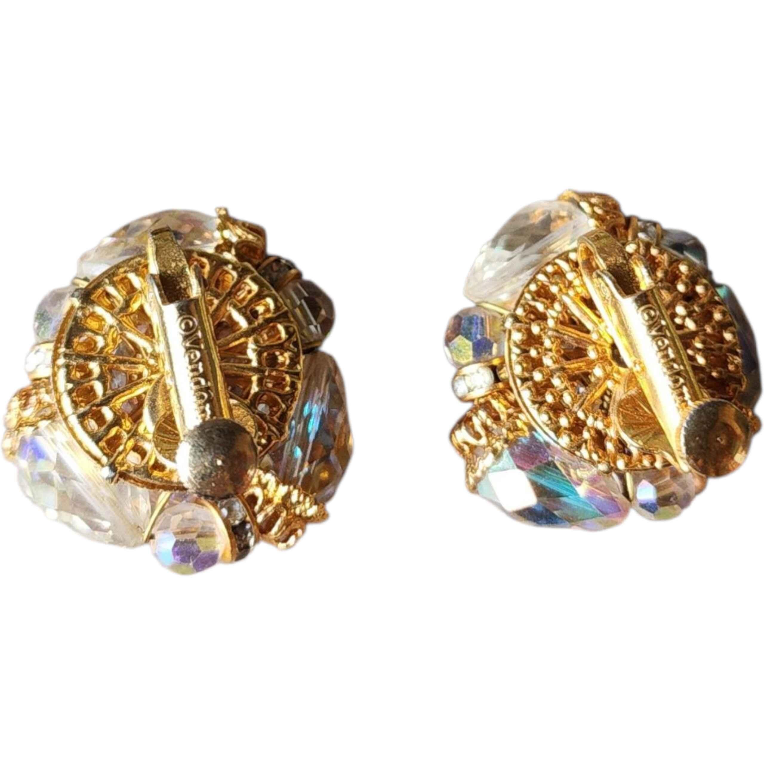 Vendôme Boucles d'oreilles en cristal Aurora Borealis Signé Mid-Century Couture Bon état - En vente à Milford, DE