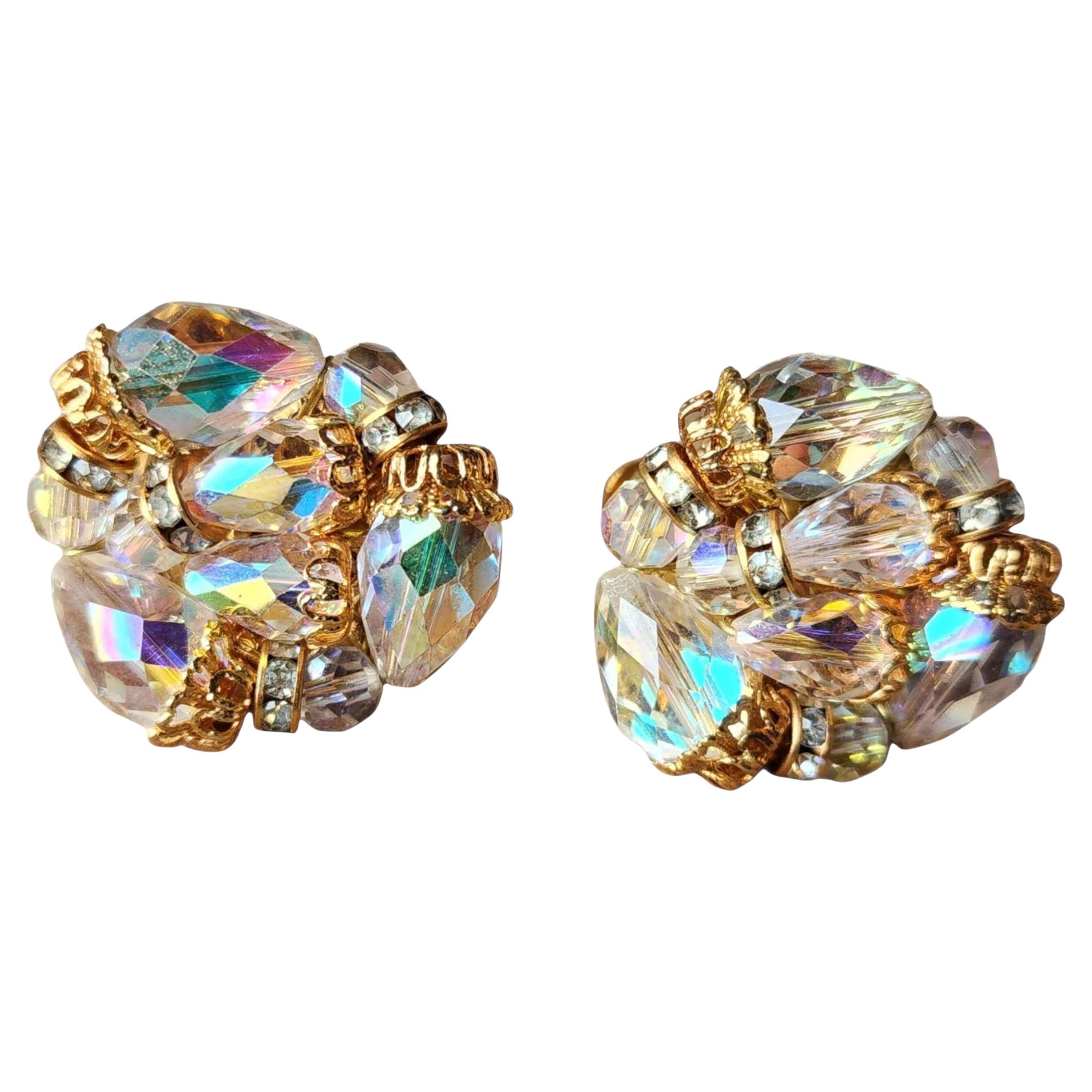 Vendôme Orecchini a grappolo di cristallo Aurora Boreale firmati Mid-Century Couture