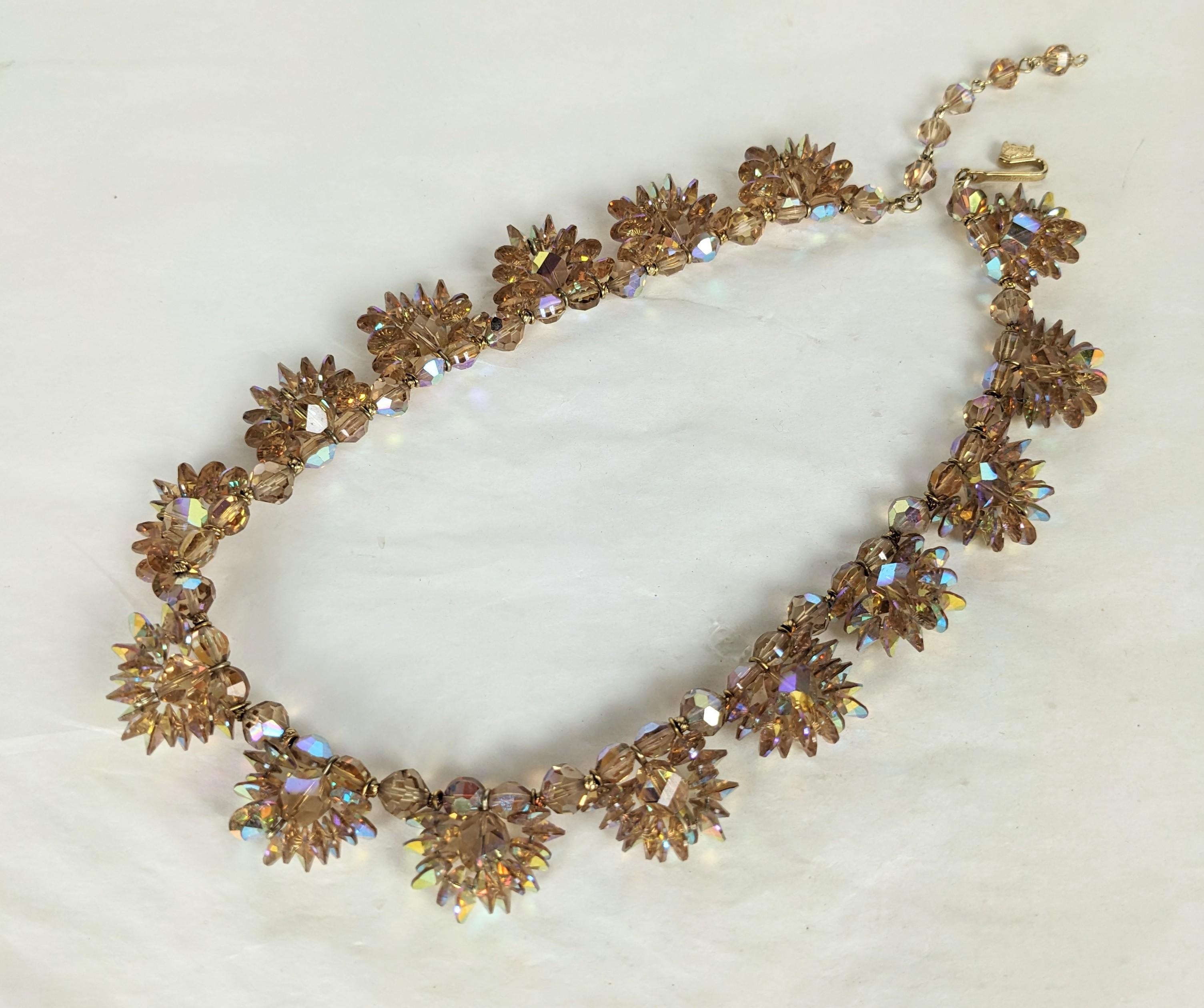 Vendome Aurora Crystal Beaded Necklace from the 1950's. Vari shaped faceted topaz aurora beads are hand beaded in scalloped form. Length 14