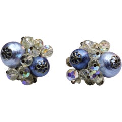 Vendôme Blue Beaded Cluster Clip-On Earrings with Aurora Borealis Crystals, 1960