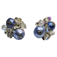 Vendôme Blue Beaded Cluster Clip-On Earrings with Aurora Borealis Crystals, 1960