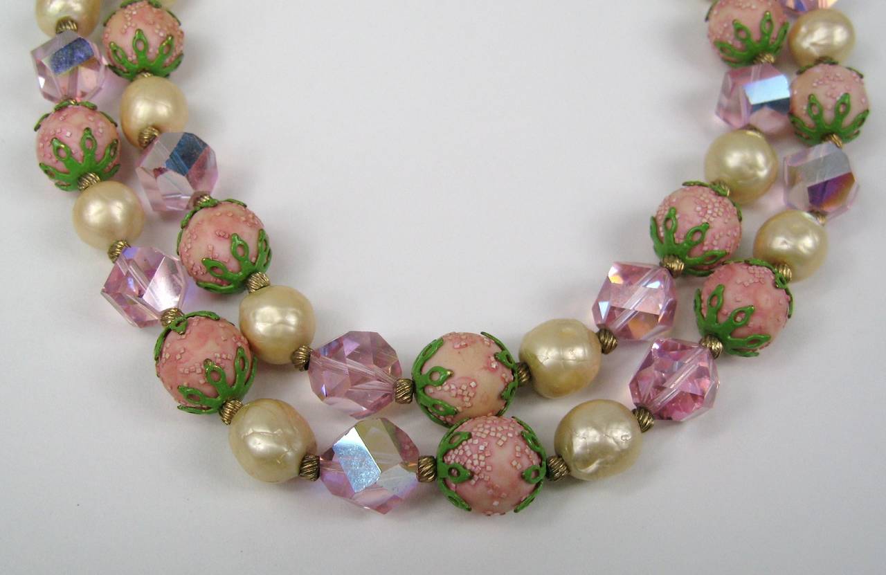 Double strand Vendome necklace. watermelon faceted crystals with pinks and Pearls. Perfect for spring!. Measures 17