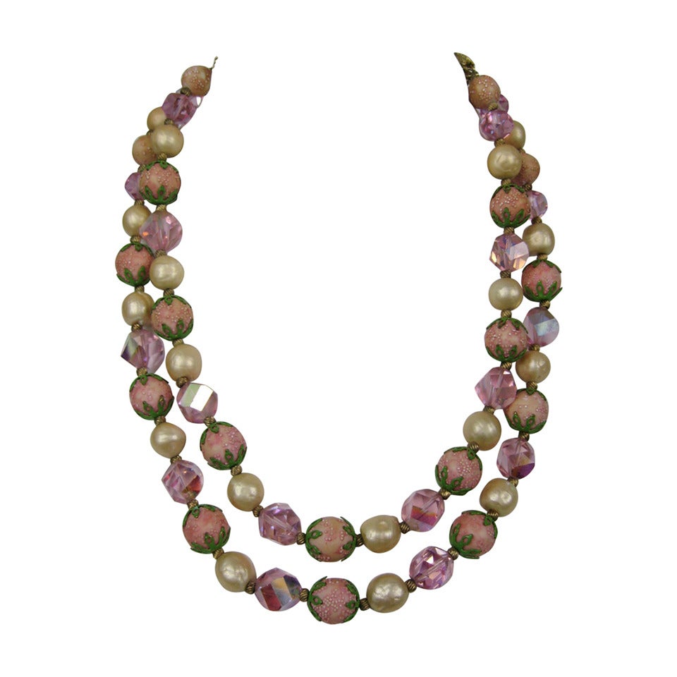 Vendome Crystal Pearl Double Strand necklace 1950s For Sale