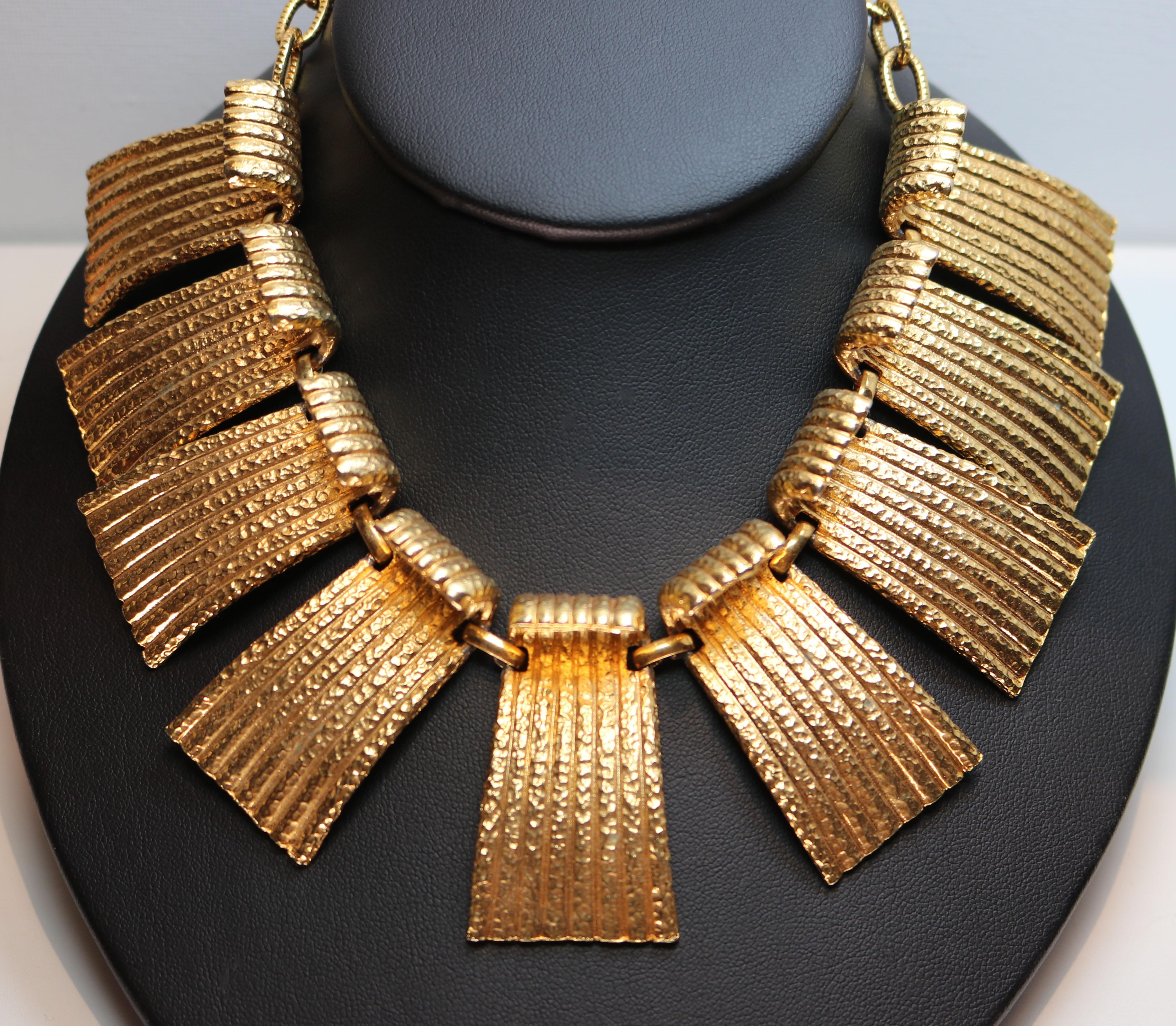 Vendome Egyptian Revival Hammered Gold Runway Statement Necklace For Sale 1