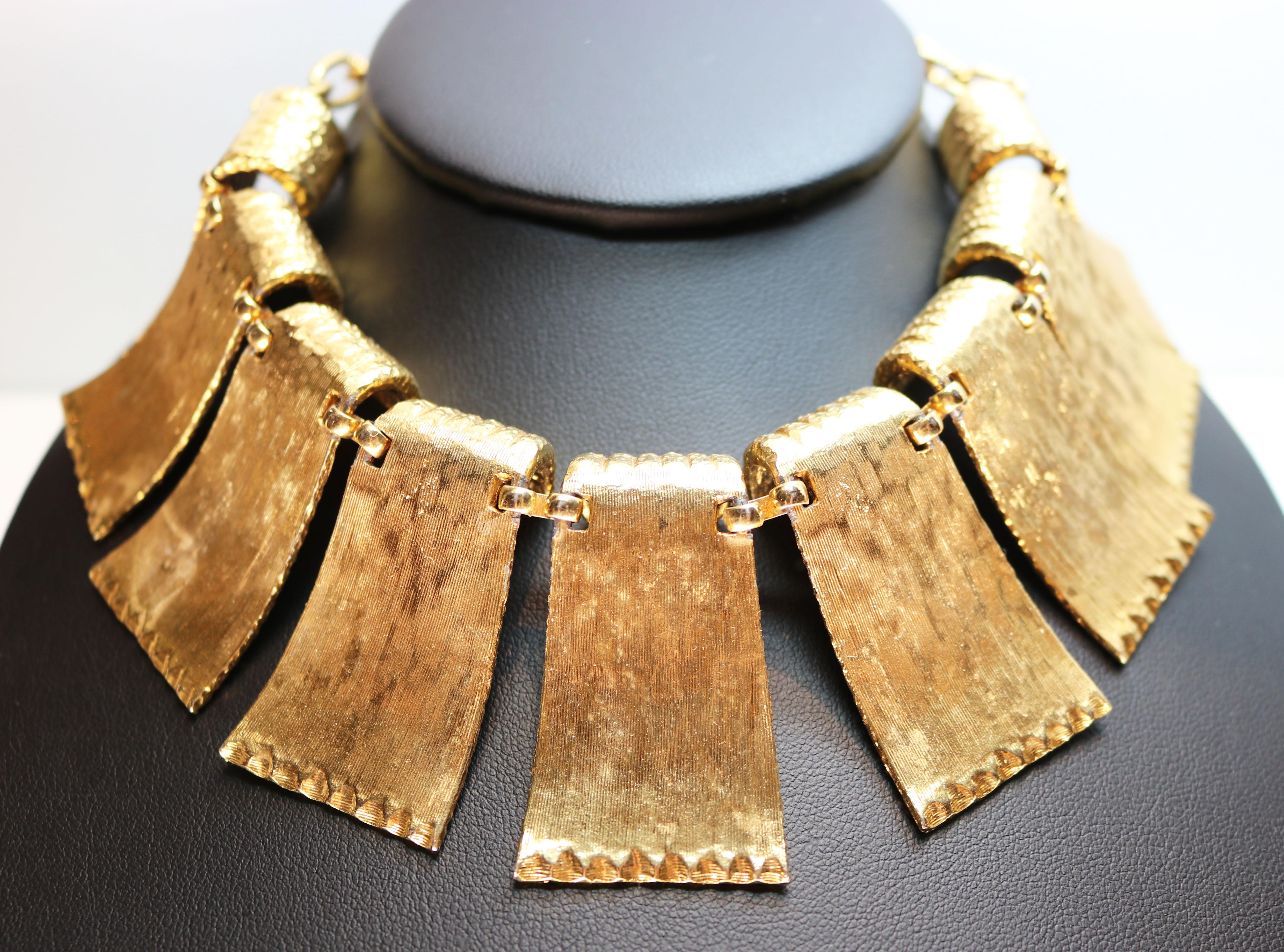Vendome Egyptian Revival Hammered Gold Runway Statement Necklace For Sale 2