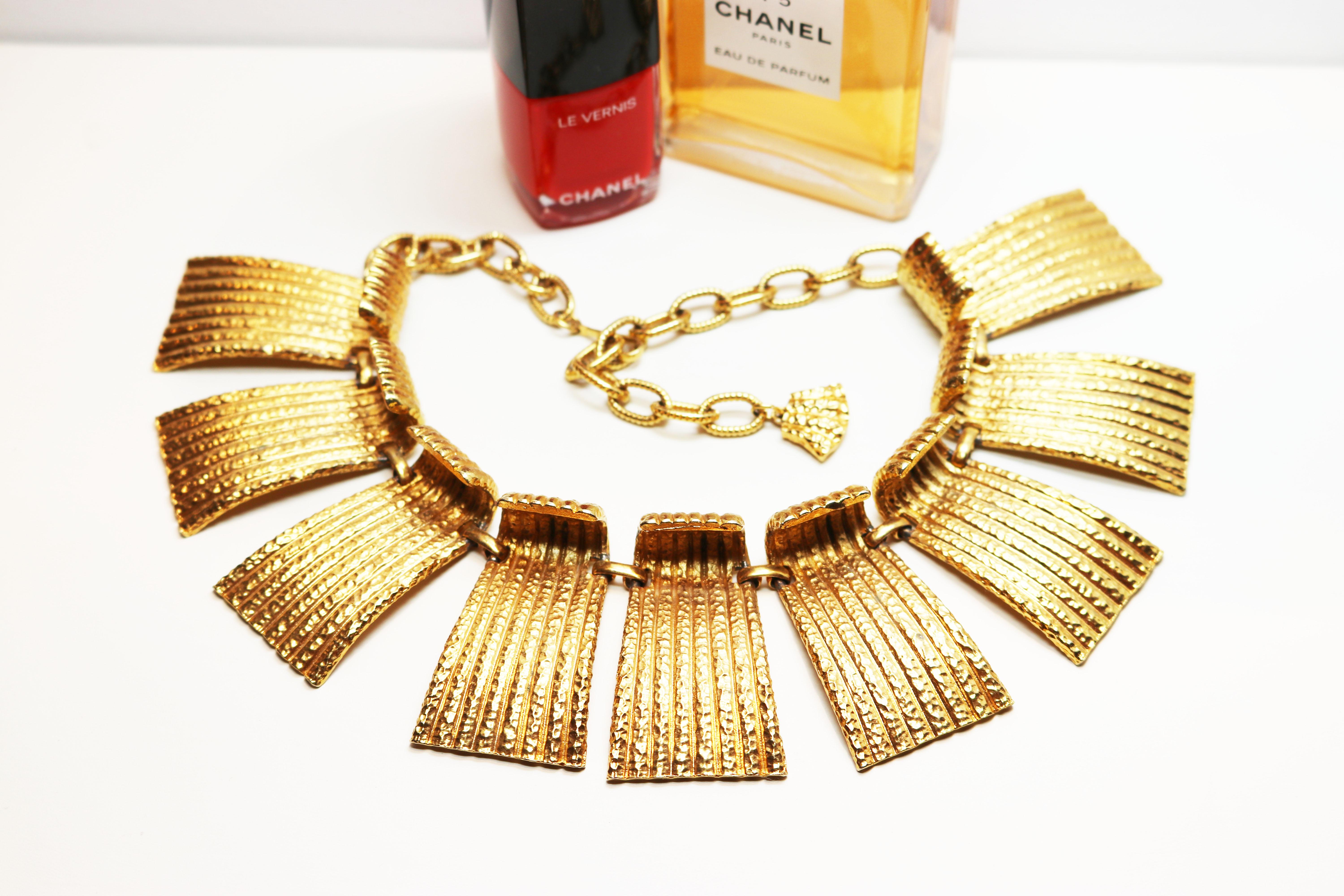 Vendome Egyptian Revival Hammered Gold Runway Statement Necklace For Sale 3