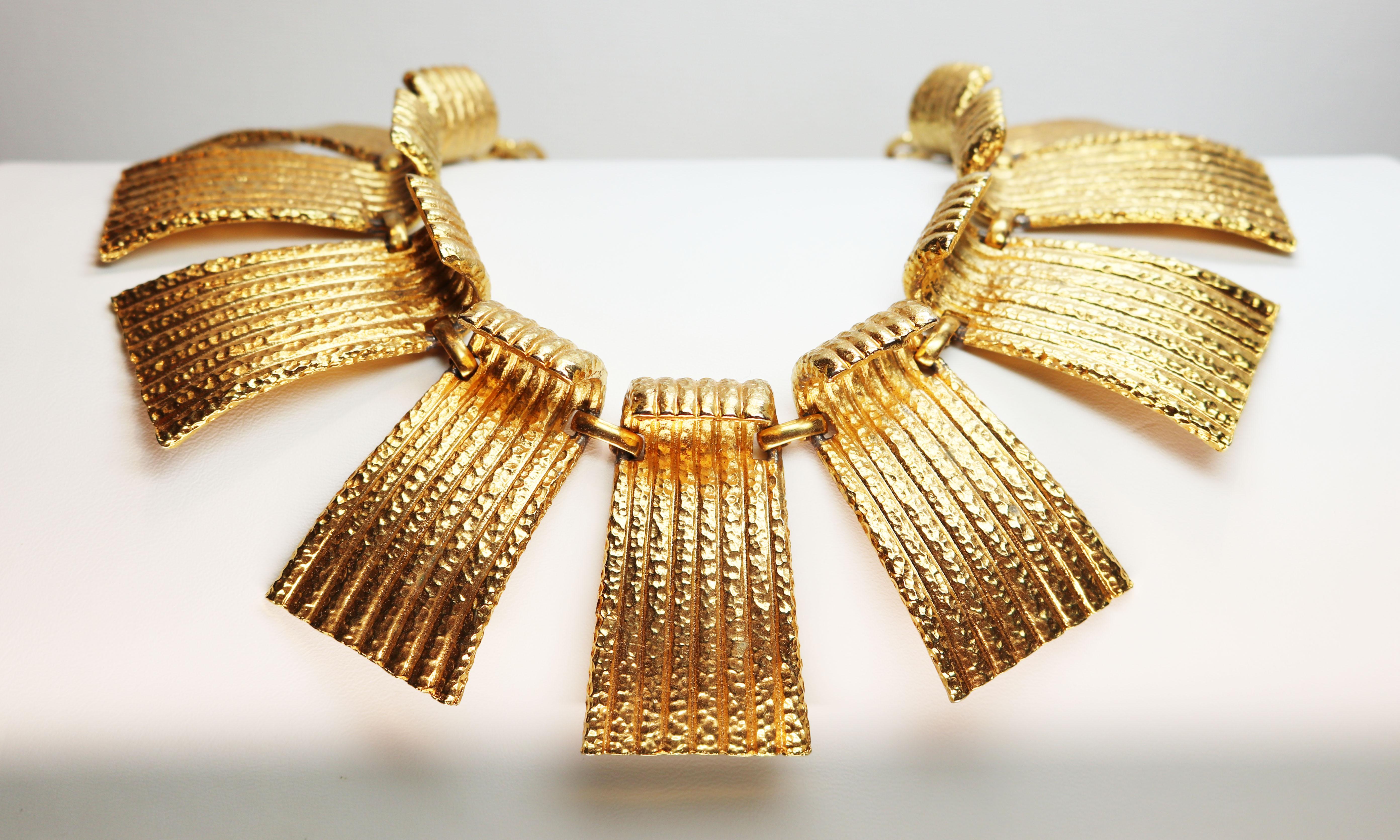 Vendome Egyptian Revival Hammered Gold Runway Statement Necklace For Sale 4