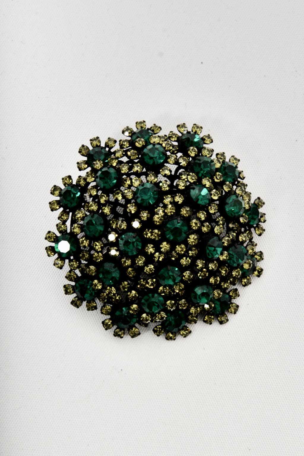 Vendome Emerald and Lime Crystal Brooch and Earrings In Excellent Condition For Sale In Alford, MA