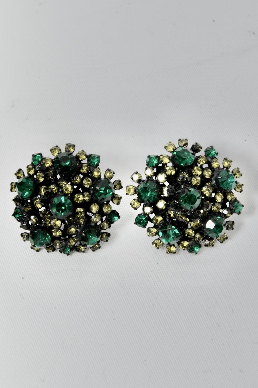 Women's Vendome Emerald and Lime Crystal Brooch and Earrings For Sale