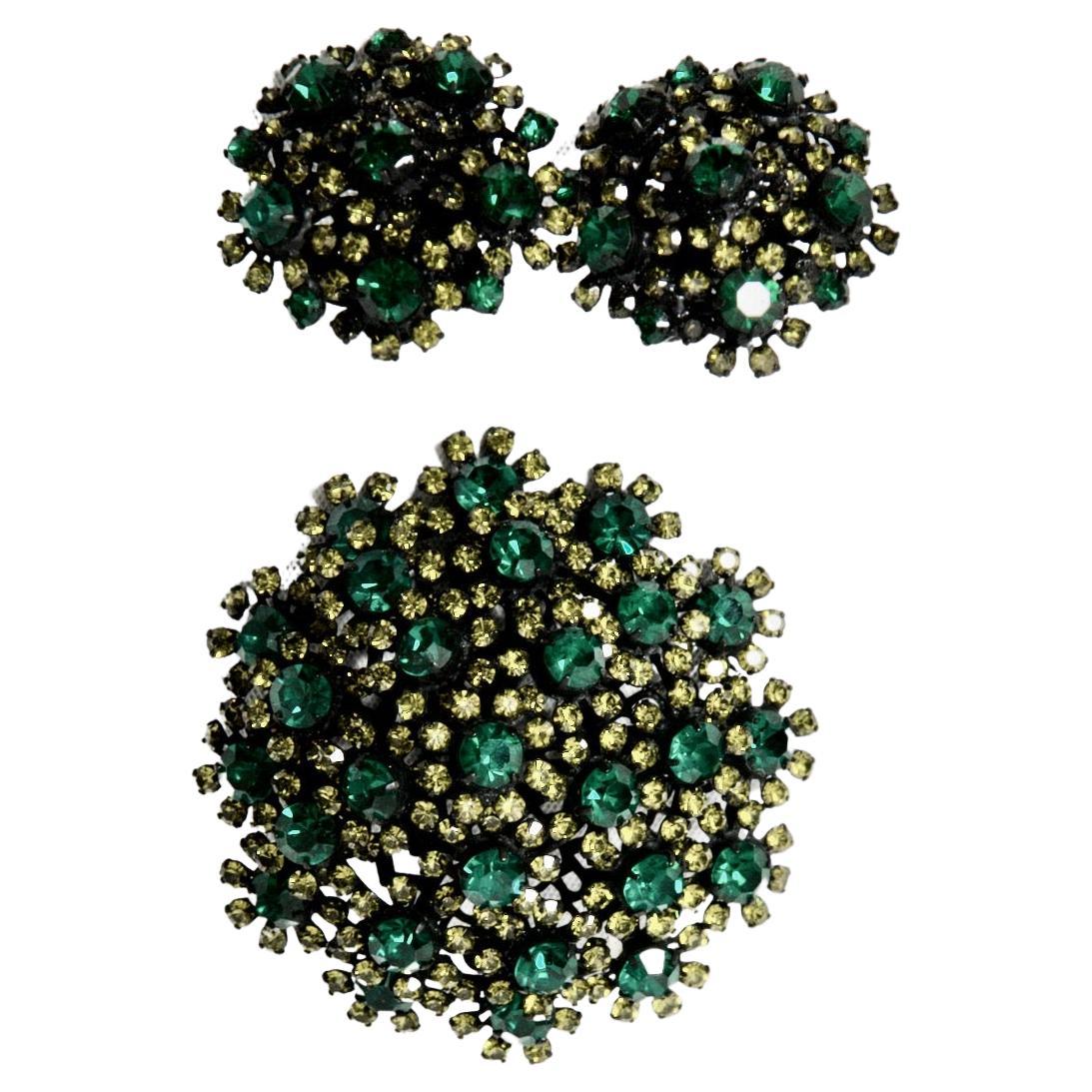 Vendome Emerald and Lime Crystal Brooch and Earrings For Sale