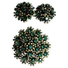 Retro Vendome Emerald and Lime Crystal Brooch and Earrings