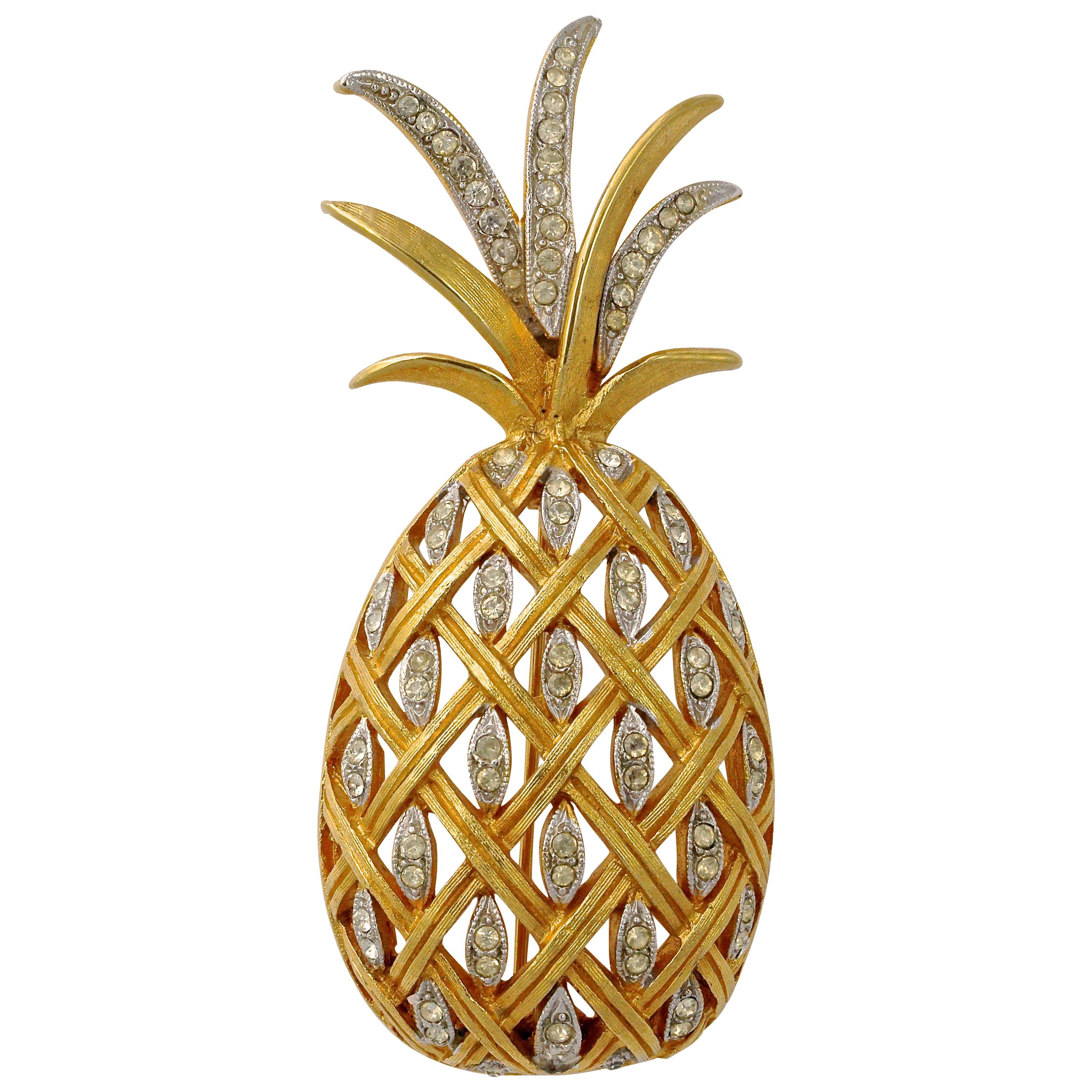Vendome Gold Plated and Clear Rhinestones Pineapple Statement Brooch circa 1960s