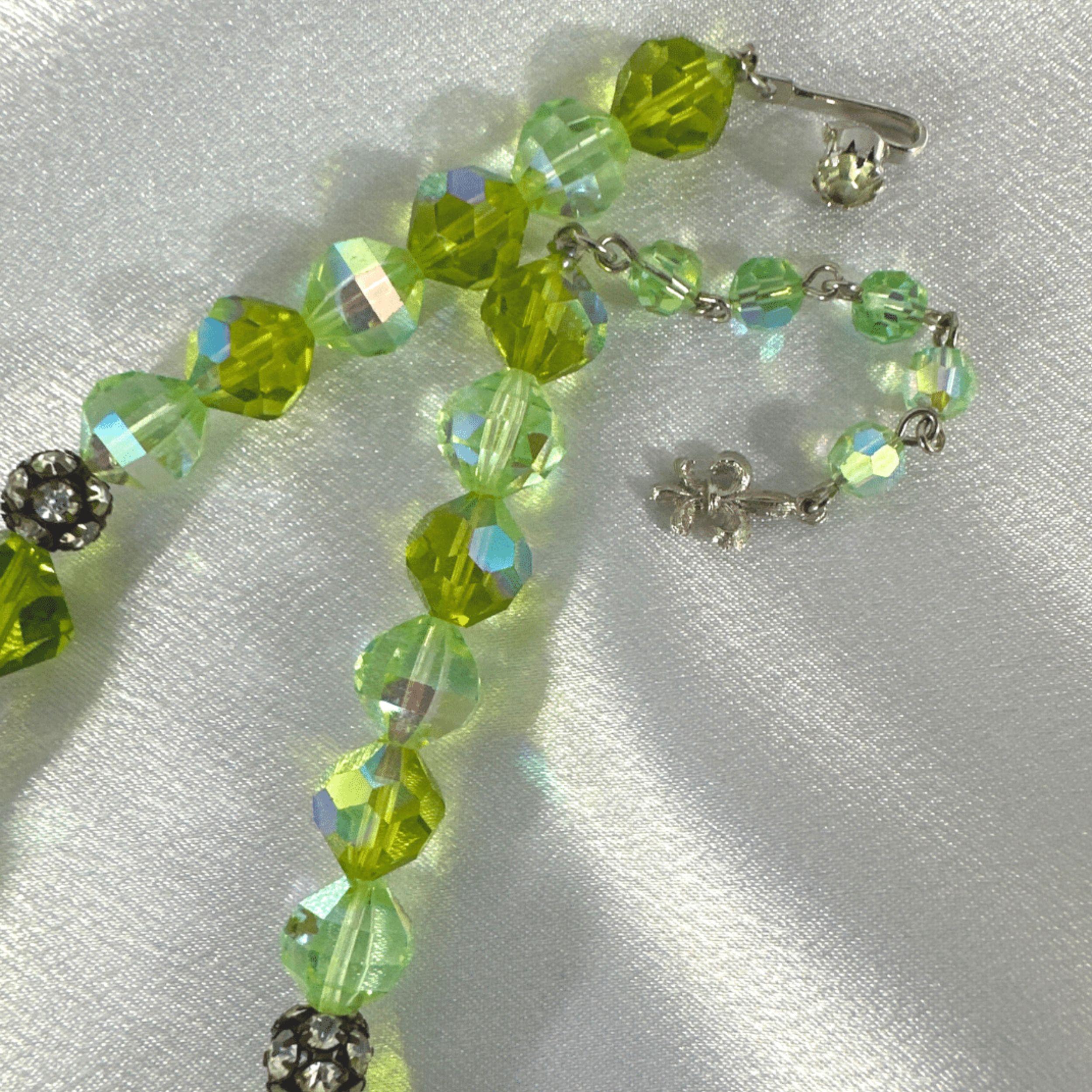 Art Deco Vendome Green Glass & Rhinestone Necklace and Earrings Set For Sale