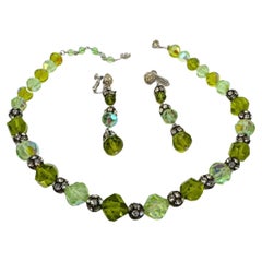 Vendome Green Glass & Rhinestone Necklace and Earrings Set