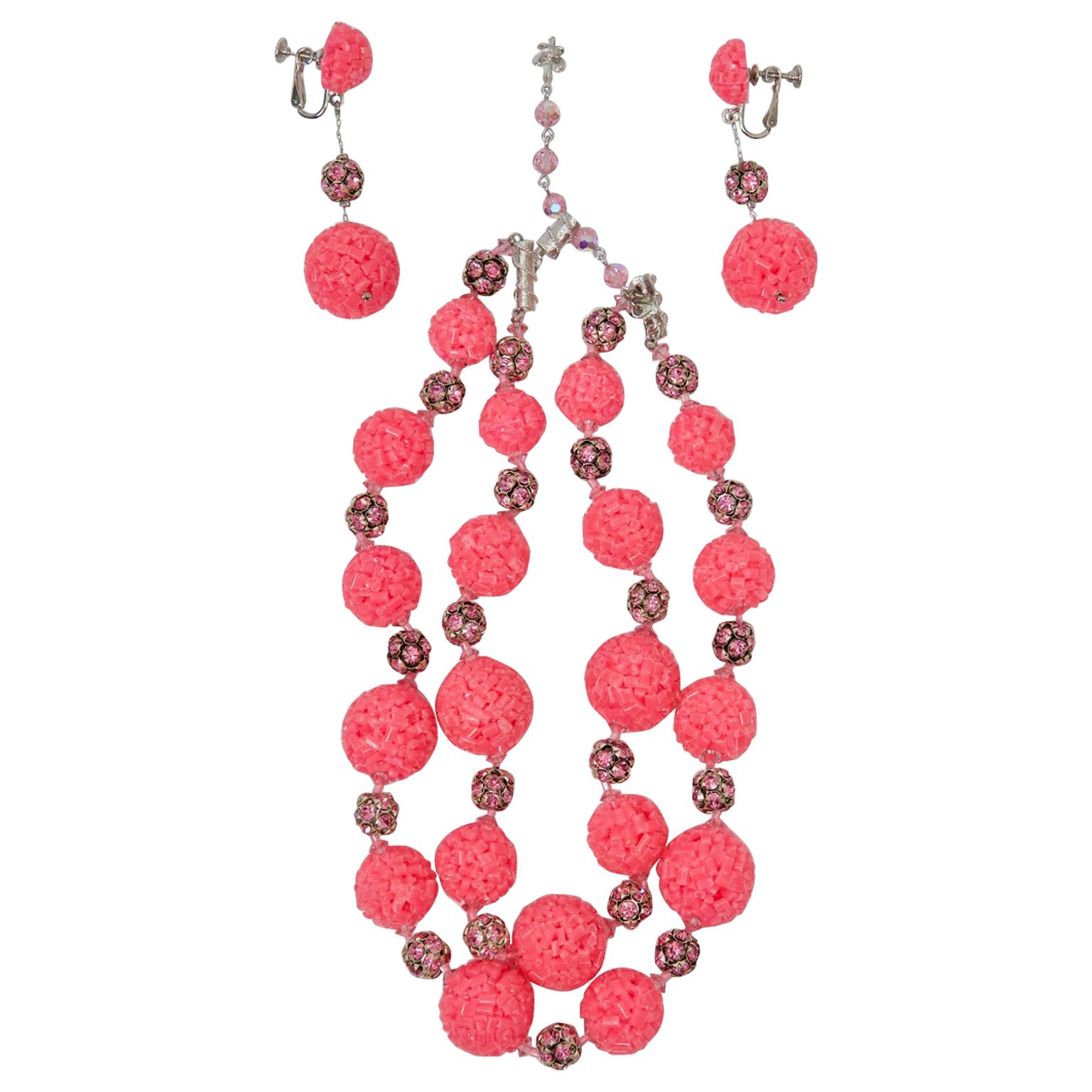 Vendome Pink Bead and Crystal Semi-Parure For Sale