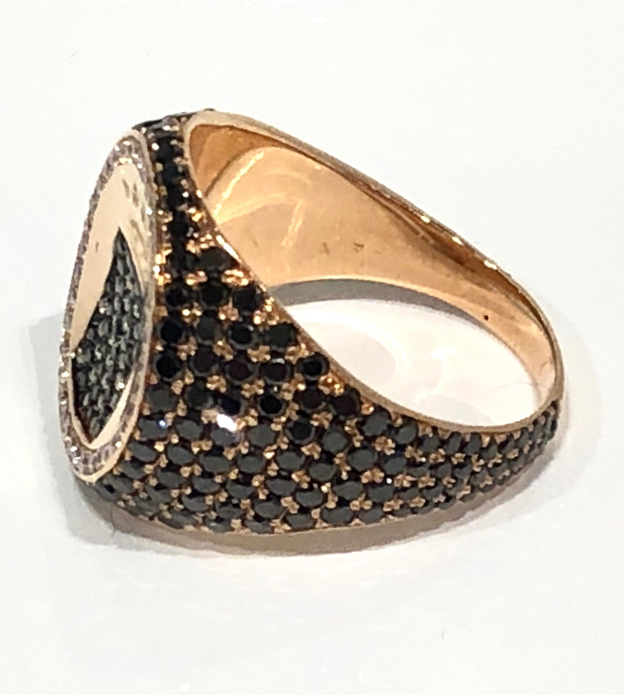 Unisex 18k rose gold Signet Ring with white and black diamond crown face, black pave diamond shank
Designed by Martyn Lawrence Bullard
Can be made in any size, lead time 4 weels