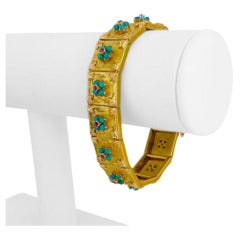 Vendorafa 18 Karat Yellow Gold Turquoise and Ruby Vintage Panel Bracelet, Italy