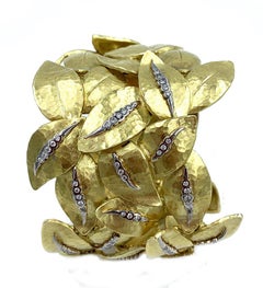 Vendorafa 18 Karat Handwrought Wide Gold and Diamond Leaf Bracelet