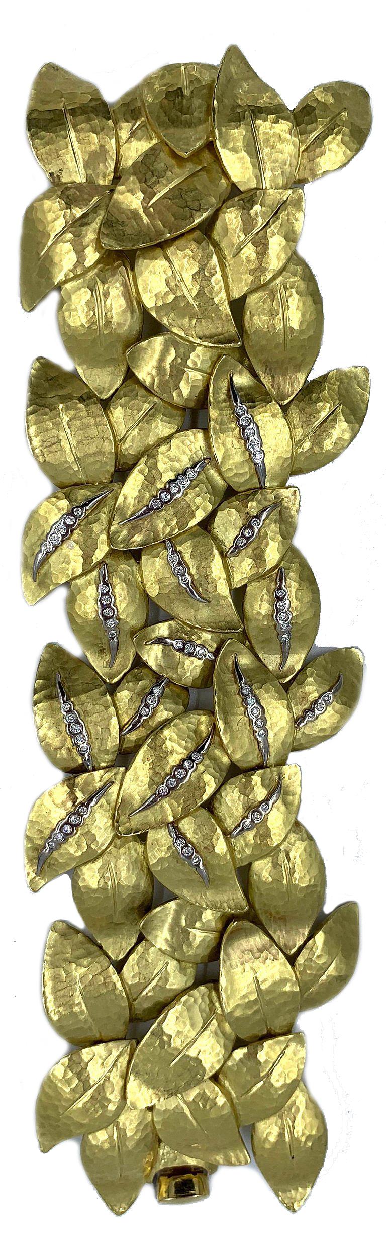 Round Cut Vendorafa 18 Karat Handwrought Wide Gold and Diamond Leaf Bracelet