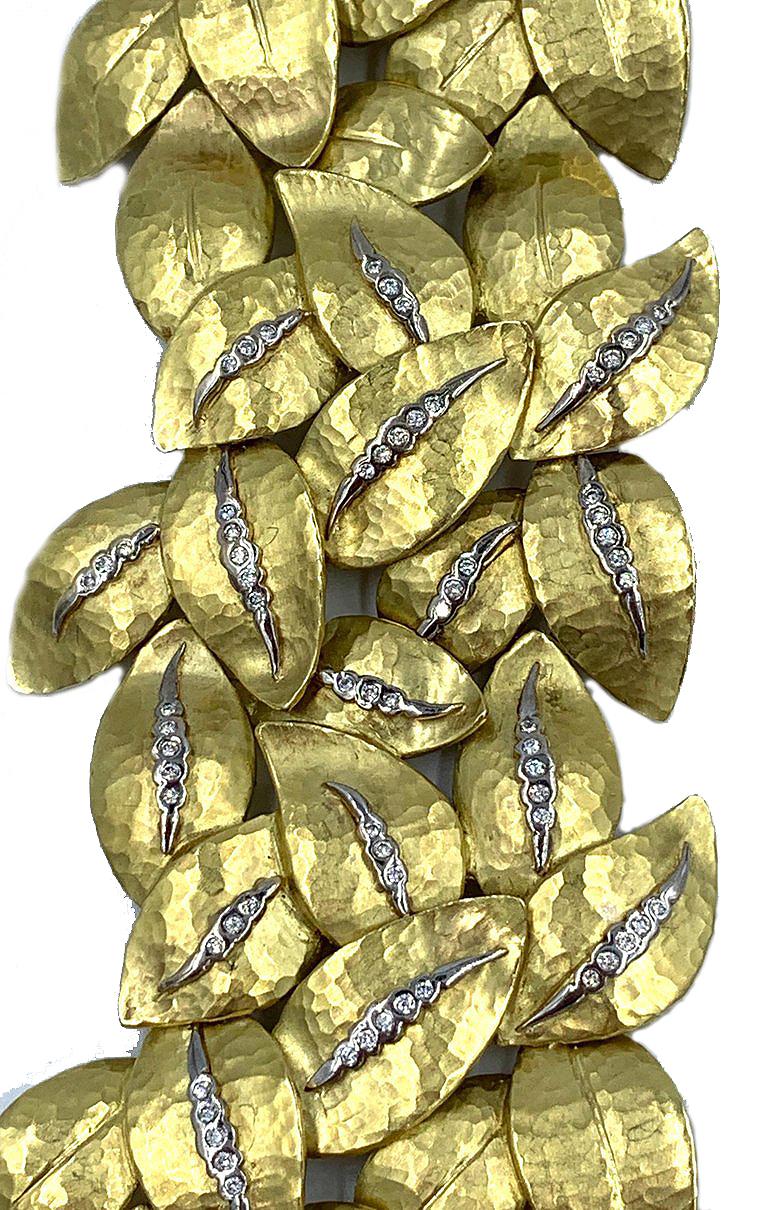 Vendorafa 18 Karat Handwrought Wide Gold and Diamond Leaf Bracelet In Excellent Condition In West Palm Beach, FL