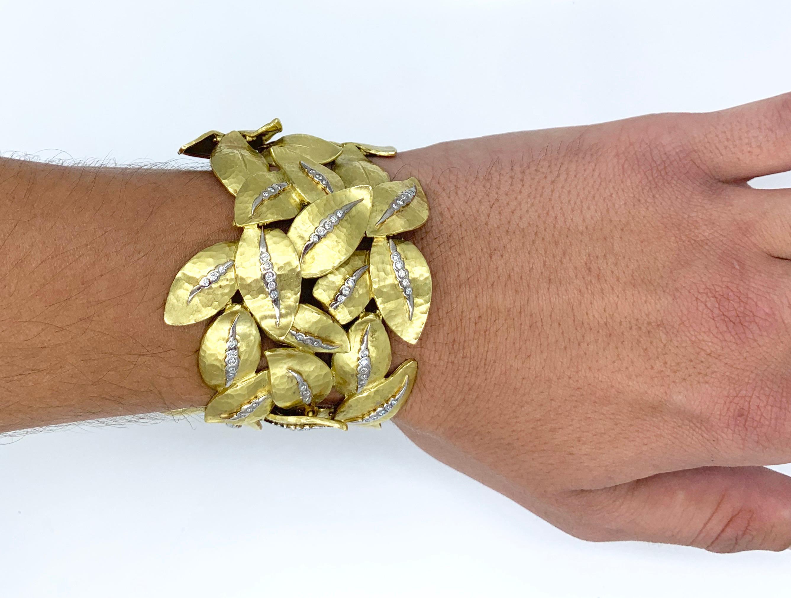 Vendorafa 18 Karat Handwrought Wide Gold and Diamond Leaf Bracelet 3