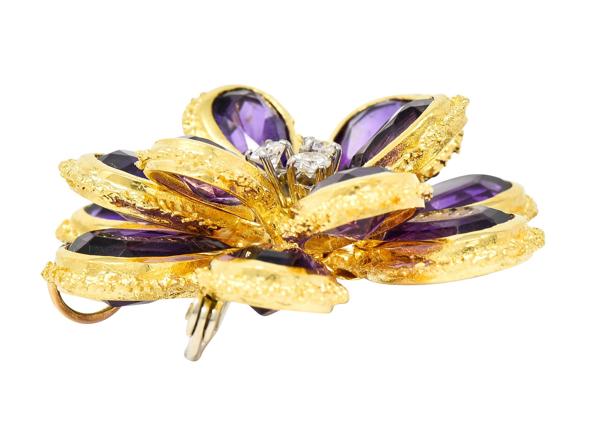 Vendorafa Lombardi 1960's Diamond Amethyst 18 Karat Two-Tone Gold Flower Vintage 2