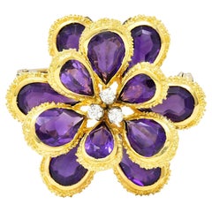 Vendorafa Lombardi 1960's Diamond Amethyst 18 Karat Two-Tone Gold Flower Vintage