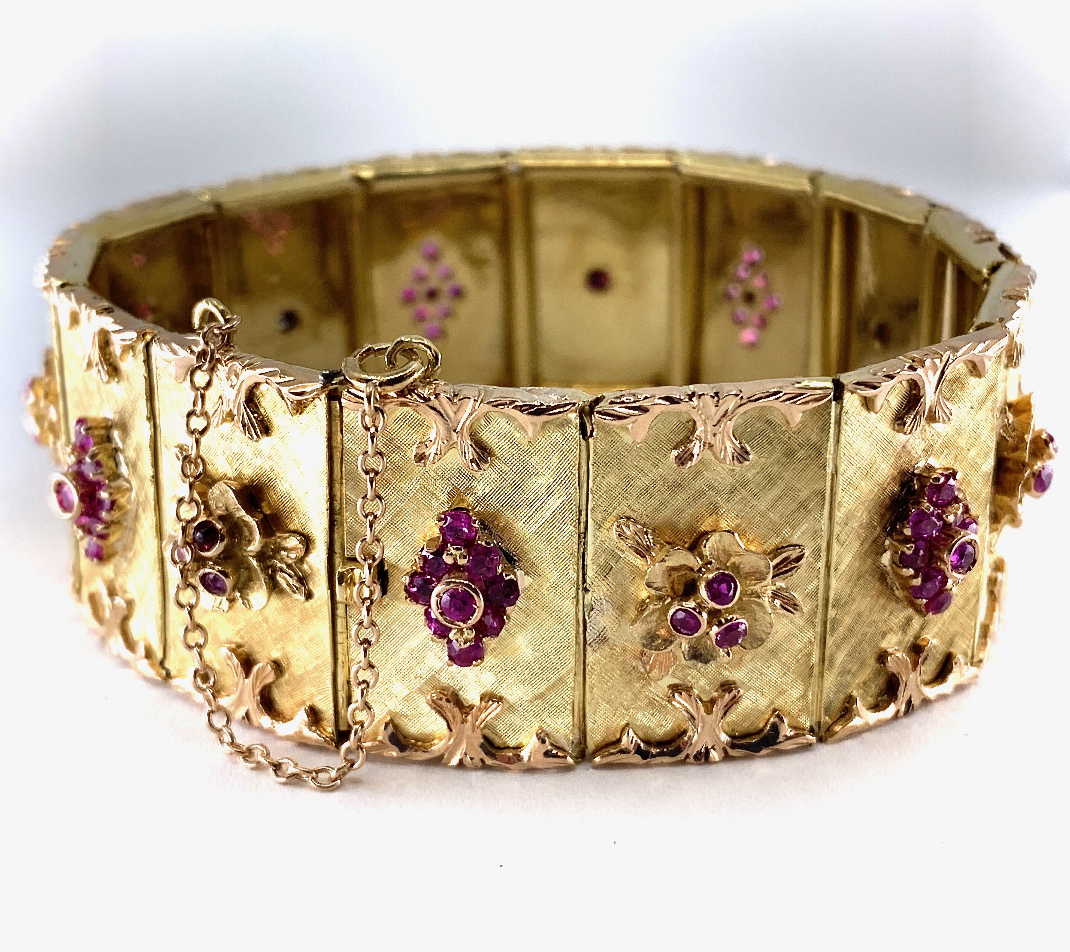 This gorgeous hinged panel bracelet dates from the 1950s or 1960s and was made by Italian goldsmith Vendorafa Lombardi, founded in 1951 and still making gorgeous 18K jewelry.   Neiman-Marcus features the brand among its 13 top Italian fine jewelry