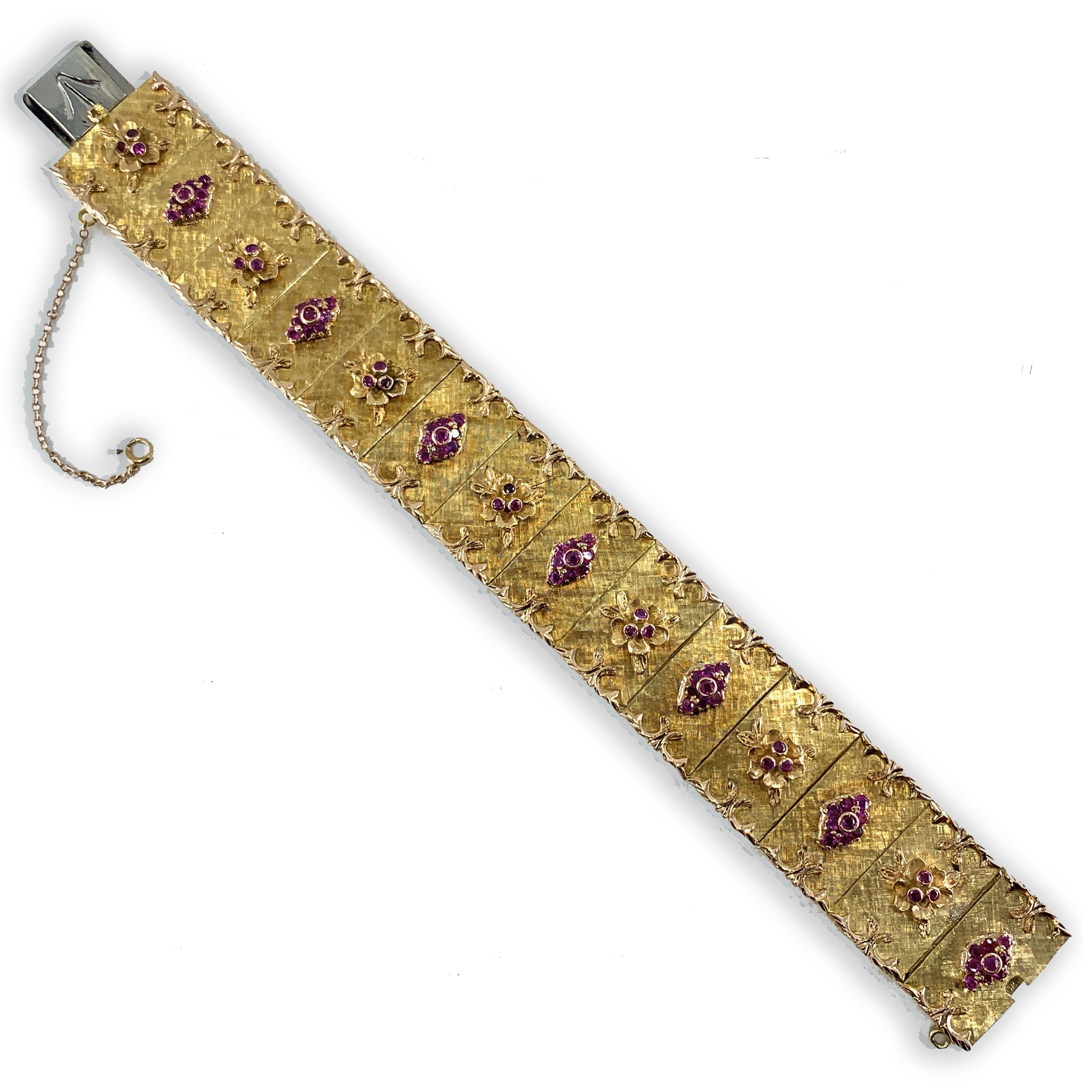 Retro Vendorafa Midcentury Ruby Panel Bracelet Set in 18 Karat Yellow and Rose Gold