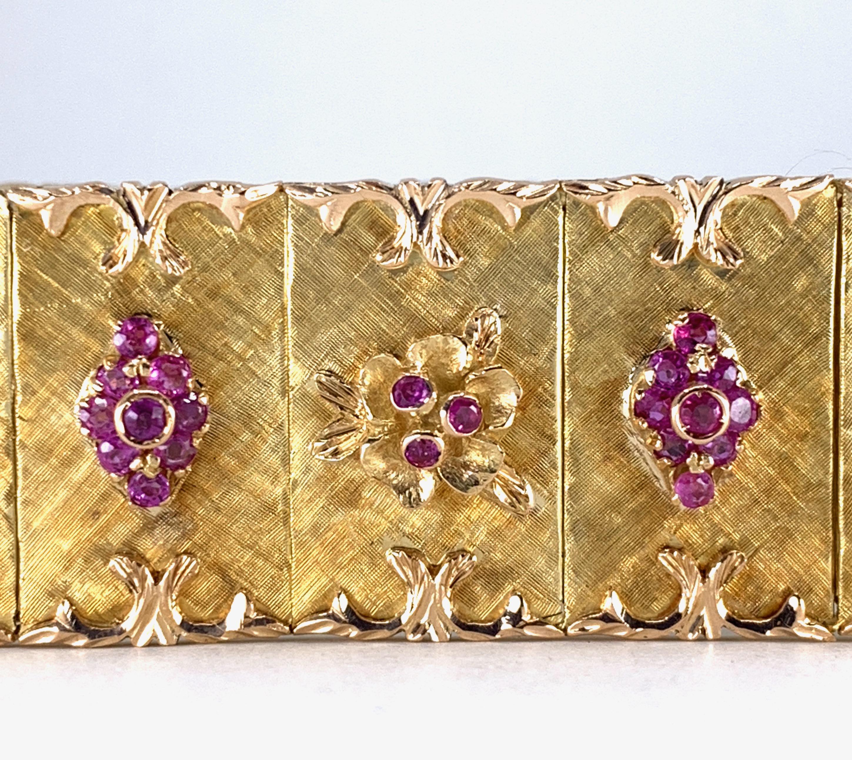 Vendorafa Midcentury Ruby Panel Bracelet Set in 18 Karat Yellow and Rose Gold In Good Condition In Sherman Oaks, CA