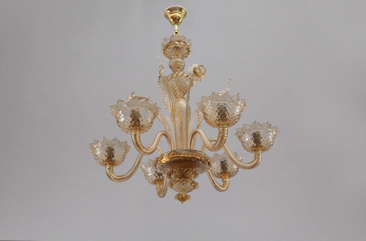 20th Century Venecian Venini Handblow Murano Glass Chandelier 1950 with Six Arms For Sale