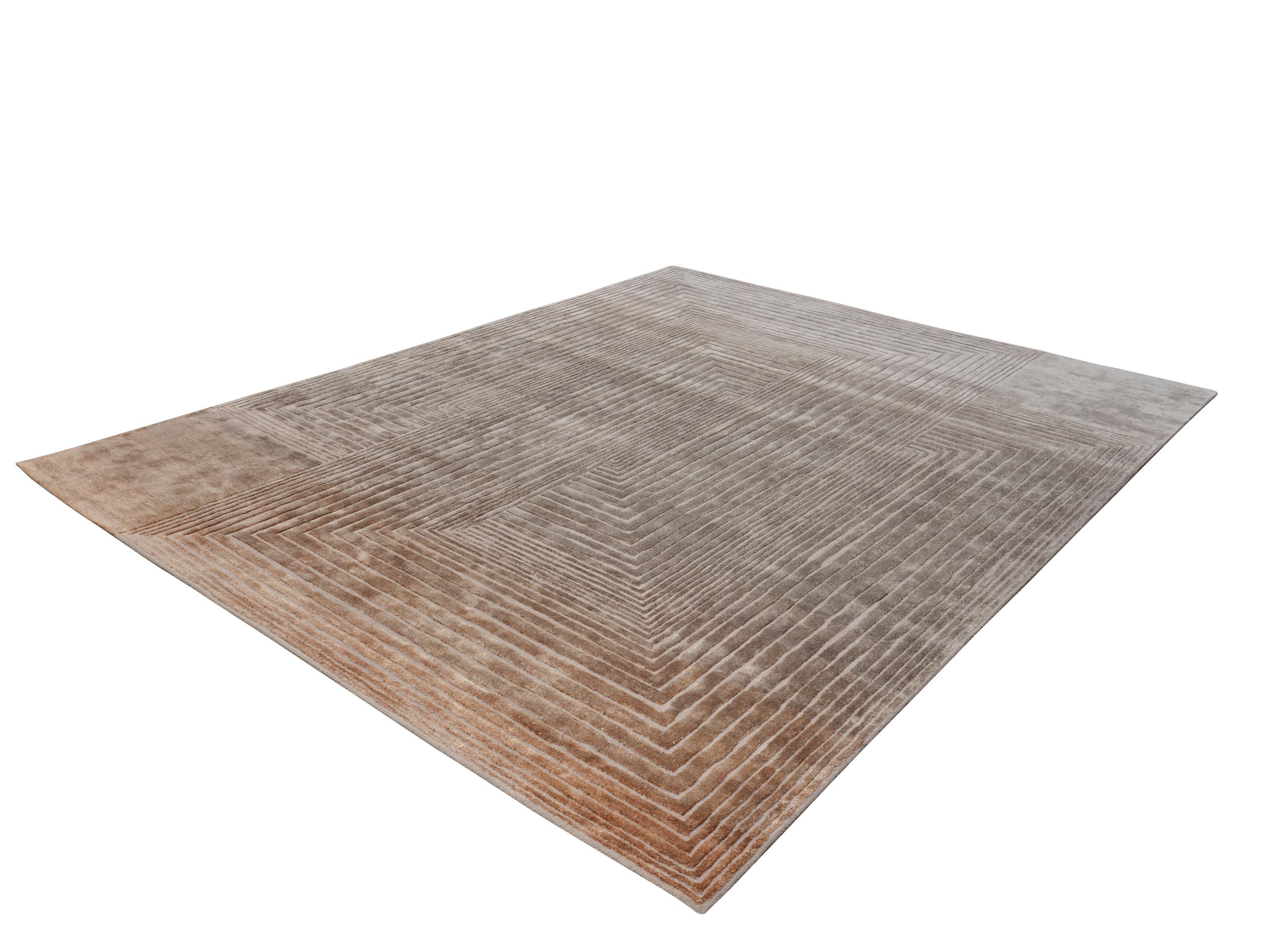 VENEER - Tapis contemporain touffeté à la main en laine et soie, couleurs bleu et rouille par mains en vente 4